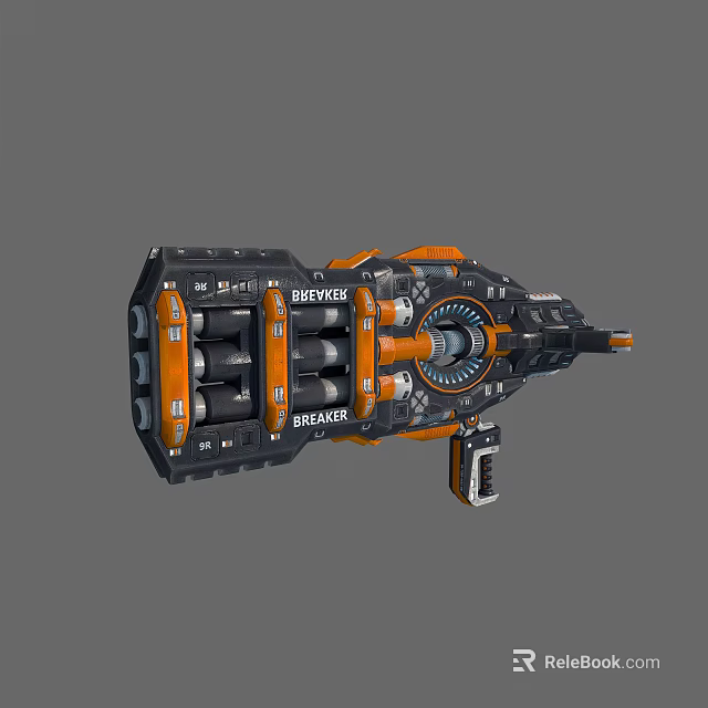 Futuristic Black and Orange Weapon with Mechanical Structure and Multiple Barrels Featuring BREAK Design 3d model 