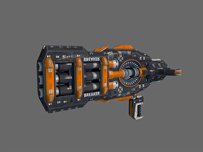 Futuristic Black and Orange Weapon with Mechanical Structure and Multiple Barrels Featuring BREAK Design 3d model
