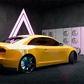 Orange Audi Sports Car Displayed With Neon Triangle Light In Background