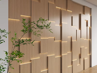 Wooden Background Wall with Geometric Block Design and Built-in Light Strips with Green Plants Beside 3d model