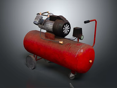 Industrial Mobile Air Compressor With Red Air Tank Black Motor And Wheels 3d model