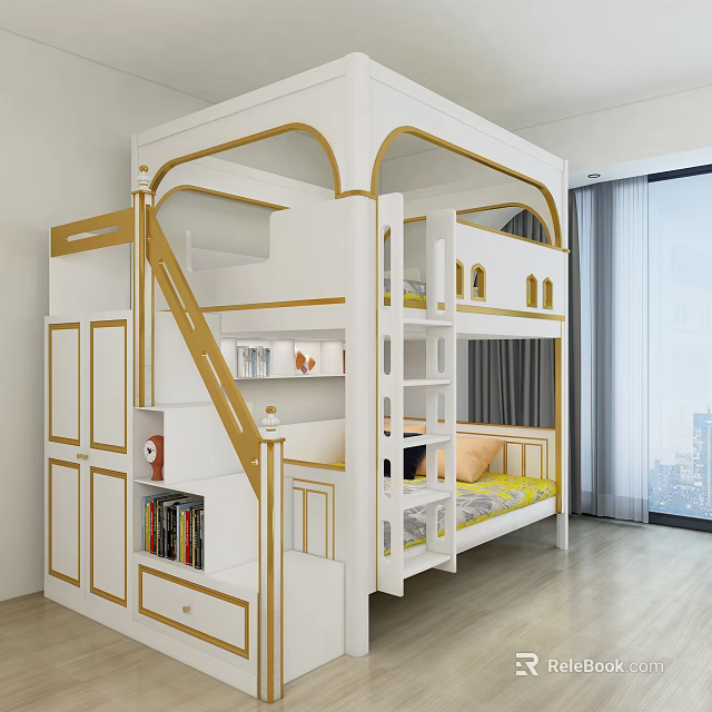 White And Gold Modern Bunk Bed With Staircase Storage Bookshelf Lower Yellow Mattress Near Window 3d model 