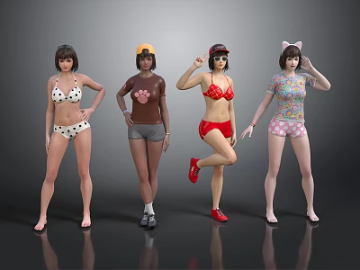 Group of Women in Various Swimwear Posing with Different Accessories and Styles 3d model