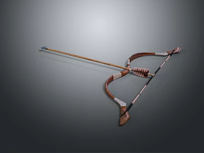 Traditional Wooden Archery Bow With Arrow Shaft And String Design 3d model