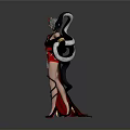 Woman In Traditional Red And Black Costume With Snake Ornaments Standing On Stone Floor
