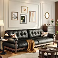 Black Leather Three-Seater Sofa with Wooden Carved Arms Decorative Pillows in Classic Living Room