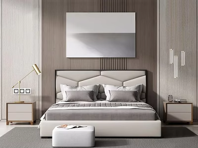 Double Bed Interior With Upholstered Headboard Wooden Walls Bedside Table Lamp And Wall Art 3d model
