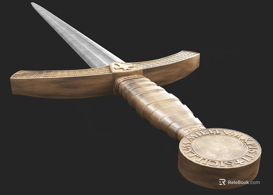 Medieval Weapon Sword with Wooden Carved Handle Metal Blade and Decorative Pommel 3d model 