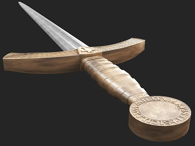Medieval Weapon Sword with Wooden Carved Handle Metal Blade and Decorative Pommel 3d model