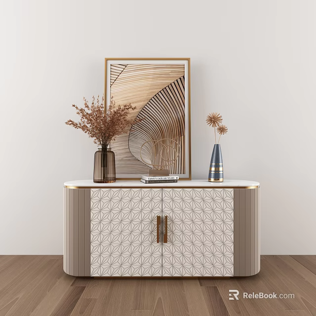 Modern Entryway Console Cabinet With Geometric Pattern Doors Decorative Painting And Vases 3d model 