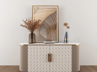 Modern Entryway Console Cabinet With Geometric Pattern Doors Decorative Painting And Vases 3d model