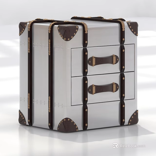 Vintage Suitcase Style Side Table With Silver Body Brown Leather Accents And Drawers 3d model 