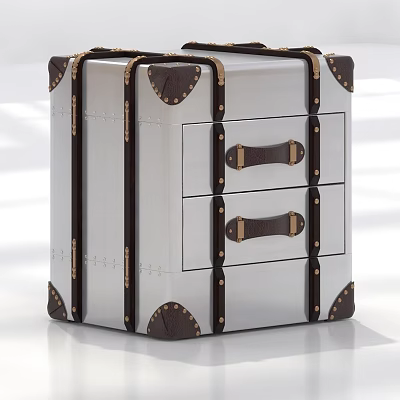 Vintage Suitcase Style Side Table With Silver Body Brown Leather Accents And Drawers 3d model