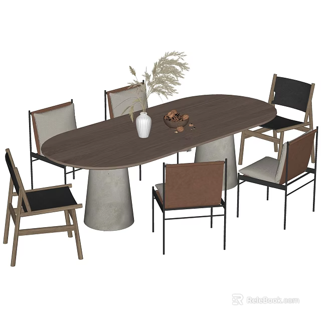 Dark Brown Oval Dining Table Set with Concrete Legs Six Mixed Chairs and White Vase 3d model 