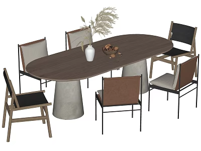 Dark Brown Oval Dining Table Set with Concrete Legs Six Mixed Chairs and White Vase 3d model