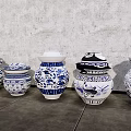 Blue And White Ceramic Vessels With Traditional Patterns Arranged In A Row 3d model