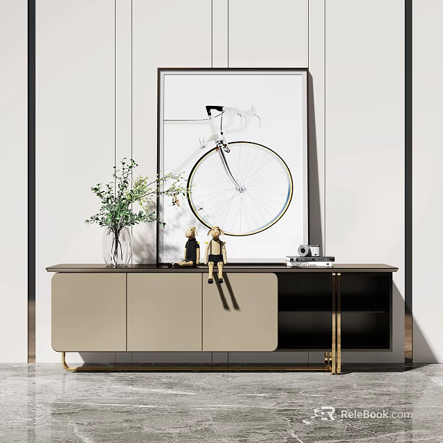 Modern Beige Black TV Cabinet with Golden Legs Green Plant Vase and Bicycle Wheel Art 3d model 