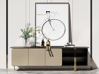 Modern Beige Black TV Cabinet with Golden Legs Green Plant Vase and Bicycle Wheel Art 3d model