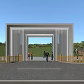 Modern Stone Entrance Gate With Wooden Fence And People Walking Near Green Trees