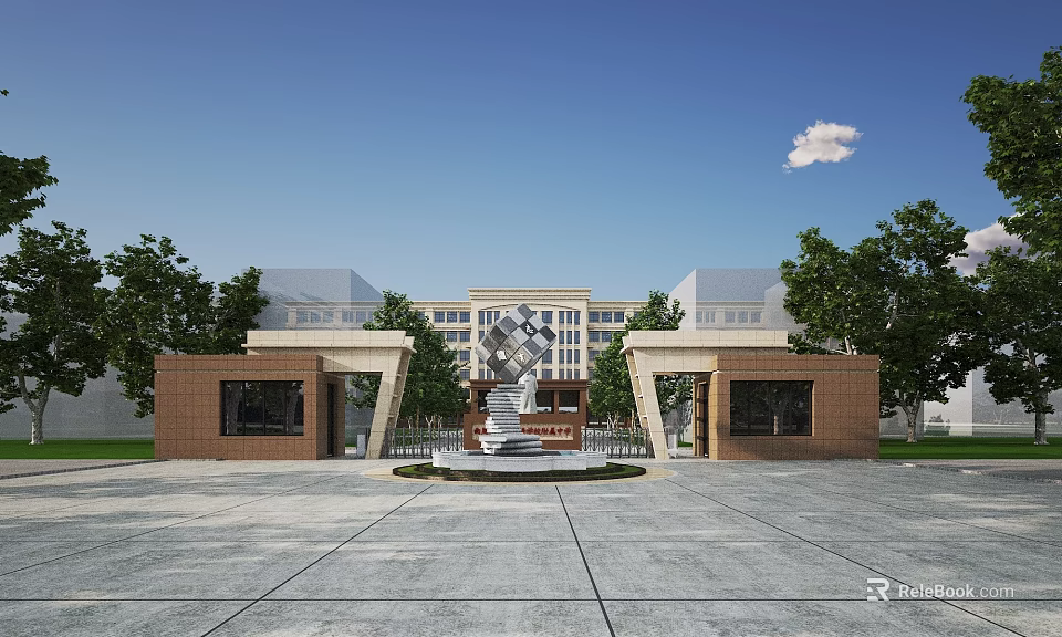 School Building Exterior With Open Square Arched Gateways Central Decorative Steps And Trees 3d model