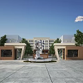 School Building Exterior With Open Square Arched Gateways Central Decorative Steps And Trees 3d model