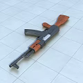 Military Rifles With Brown Wooden Stock And Camouflage Pattern On Tiled Floor