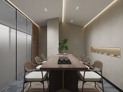 Modern Office Meeting Room With Long Table Chairs Green Plant Glass Partitions And Light Walls 3d model