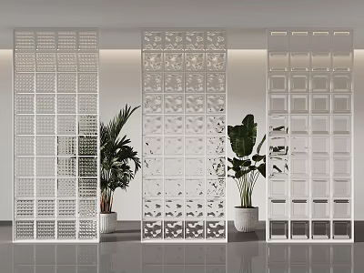 Modern Interior With Perforated White Partitions Patterned Design And Potted Plants 3d model