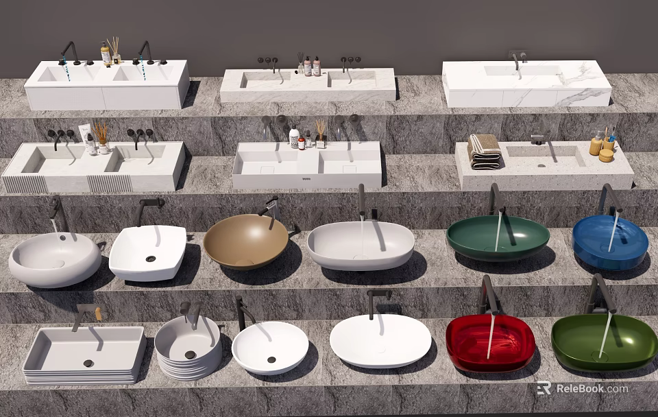 Assorted Colorful Washbasins With Round Square Shapes And Modern Designs For Bathroom 3d model 