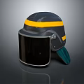 Black Safety Helmet With Yellow Stripe And Protective Face Shield Design