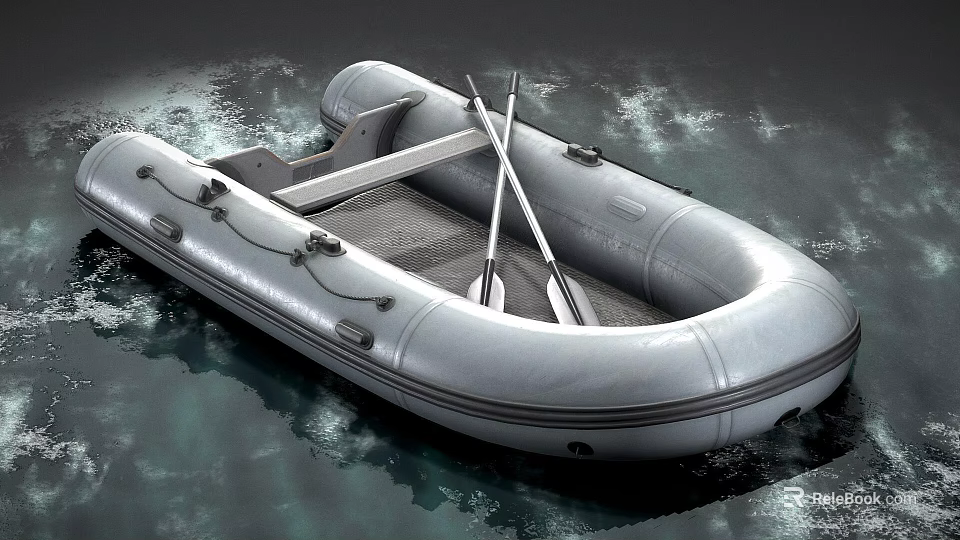 Sturdy Inflatable Boat Floating On Water With Mesh Floor And Crossed Wooden Paddles 3d model 