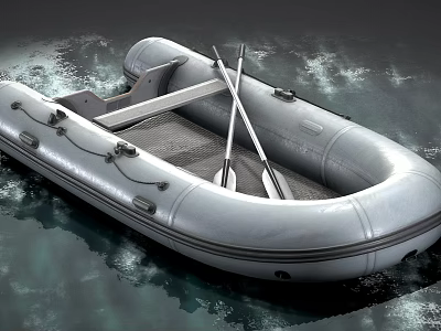 Sturdy Inflatable Boat Floating On Water With Mesh Floor And Crossed Wooden Paddles 3d model