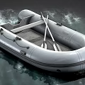 Sturdy Inflatable Boat Floating On Water With Mesh Floor And Crossed Wooden Paddles