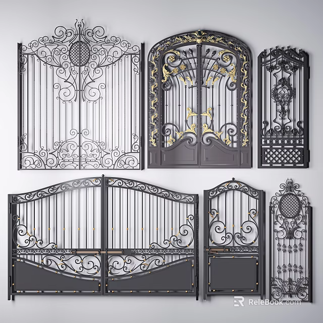 Ornate Wrought Iron Gates With Intricate Decorative Patterns And Gold Accents 3d model 