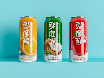 Fresh Fruit Flavored Canned Beverages in Three Colorful Cans with Assorted Flavors on Blue Background 3d model