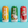 Fresh Fruit Flavored Canned Beverages in Three Colorful Cans with Assorted Flavors on Blue Background