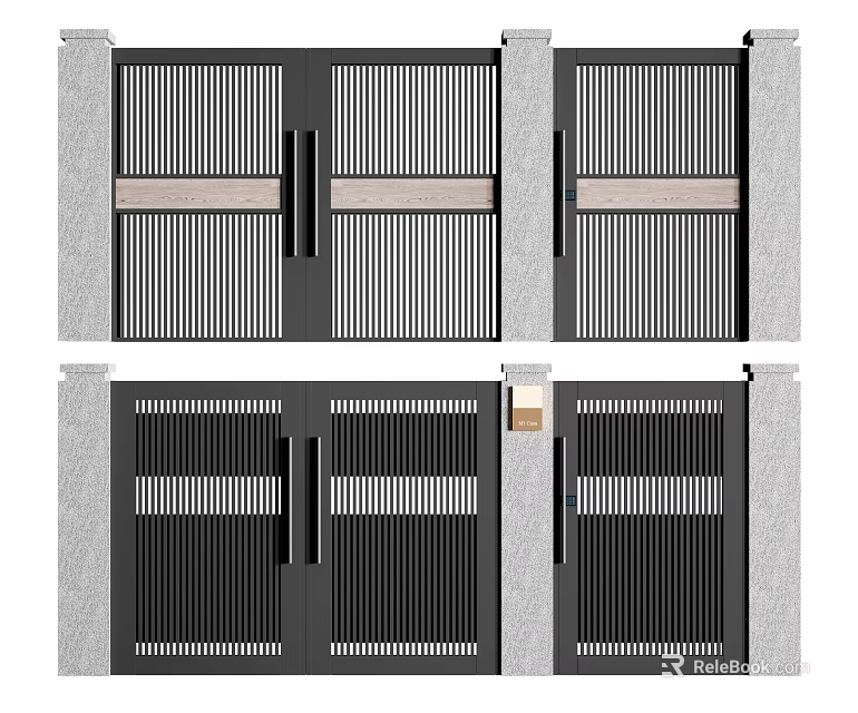 Modern Entrance Gate Design With Black Metal Vertical Lines And Double Door Structure 3d model 