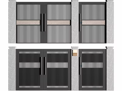 Modern Entrance Gate Design With Black Metal Vertical Lines And Double Door Structure 3d model