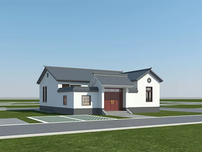 Traditional Chinese Detached Villa With Gray Roof White Walls Red Door Green Lawn And Road 3d model