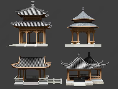Traditional Chinese Pavilions With Diverse Roof Styles And Stone Bases 3d model