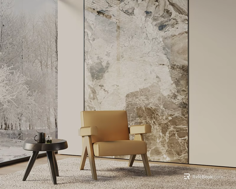 Beige Lounge Chair With Side Table By Marble Wall And Large Snowy Window View 3d model 