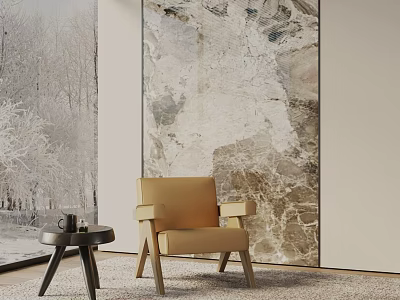 Beige Lounge Chair With Side Table By Marble Wall And Large Snowy Window View 3d model