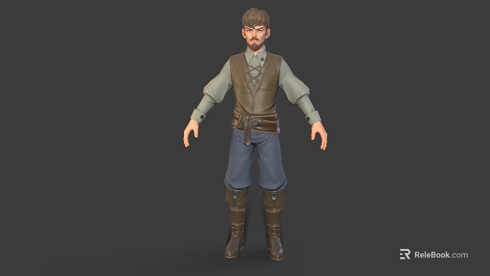 Fantasy Male 3D Character Model With Green Shirt Brown Vest And Brown Boots 3d model 