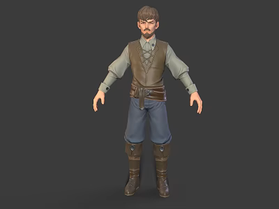 Fantasy Male 3D Character Model With Green Shirt Brown Vest And Brown Boots 3d model