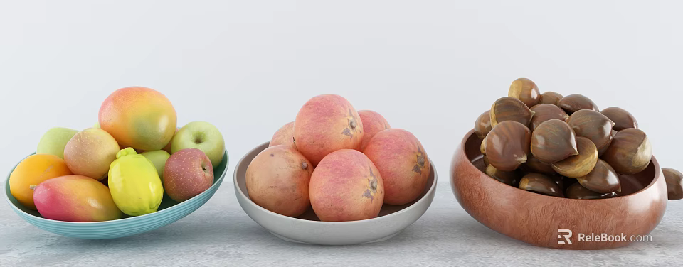Fresh Fruits in Three Different Bowls Featuring Green Red Apples Pink Peaches and Brown Chestnuts 3d model 