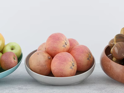 Fresh Fruits in Three Different Bowls Featuring Green Red Apples Pink Peaches and Brown Chestnuts 3d model