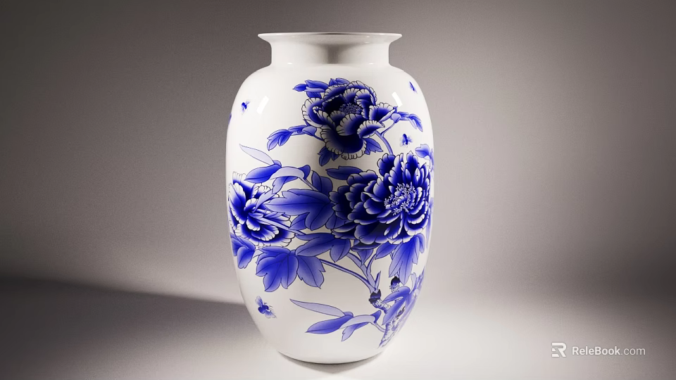 Elegant Ceramic Vase with Blue and White Peony Flower Pattern Design 3d model
