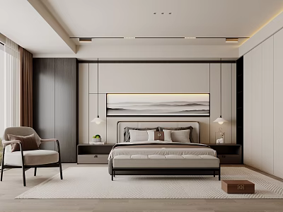 Modern Bedroom Interior Design With Comfortable Bed Wall Art Accent Chair And Soft Rug 3d model