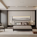 Modern Bedroom Interior Design With Comfortable Bed Wall Art Accent Chair And Soft Rug