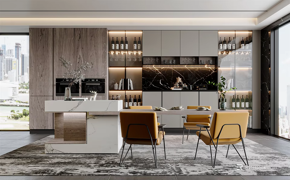 Modern Restaurant Interior Featuring Dining Table Yellow Chairs Marble Countertop And Wine Racks 3d model 